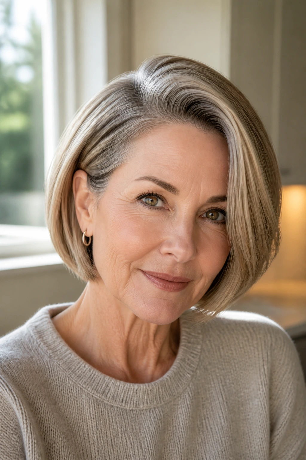 Close-up portrait of a real woman with a deep side-part bob; volume at roots.