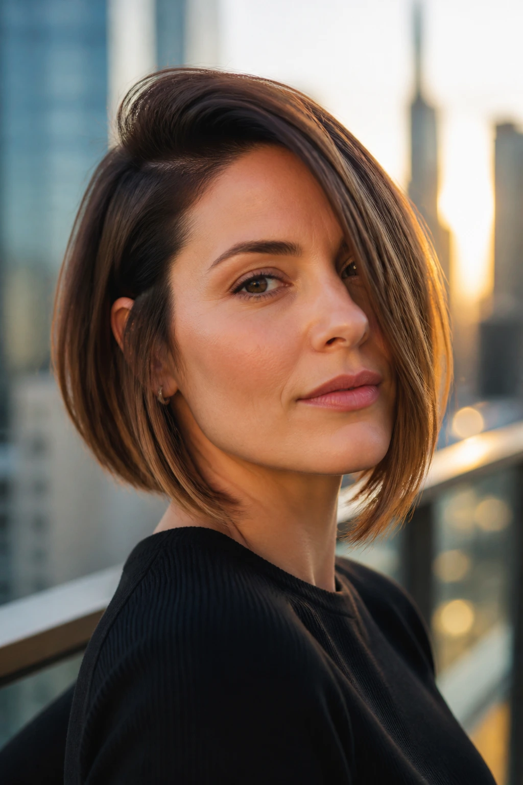 Close-up of a real woman with a deep side-part bob