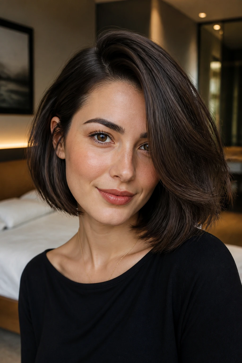 Portrait of a real woman with a deep side-parted thick bob