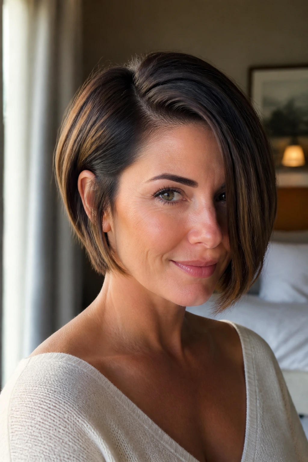 Close-up of a real woman with a deep side-part bob and face-framing sweep.