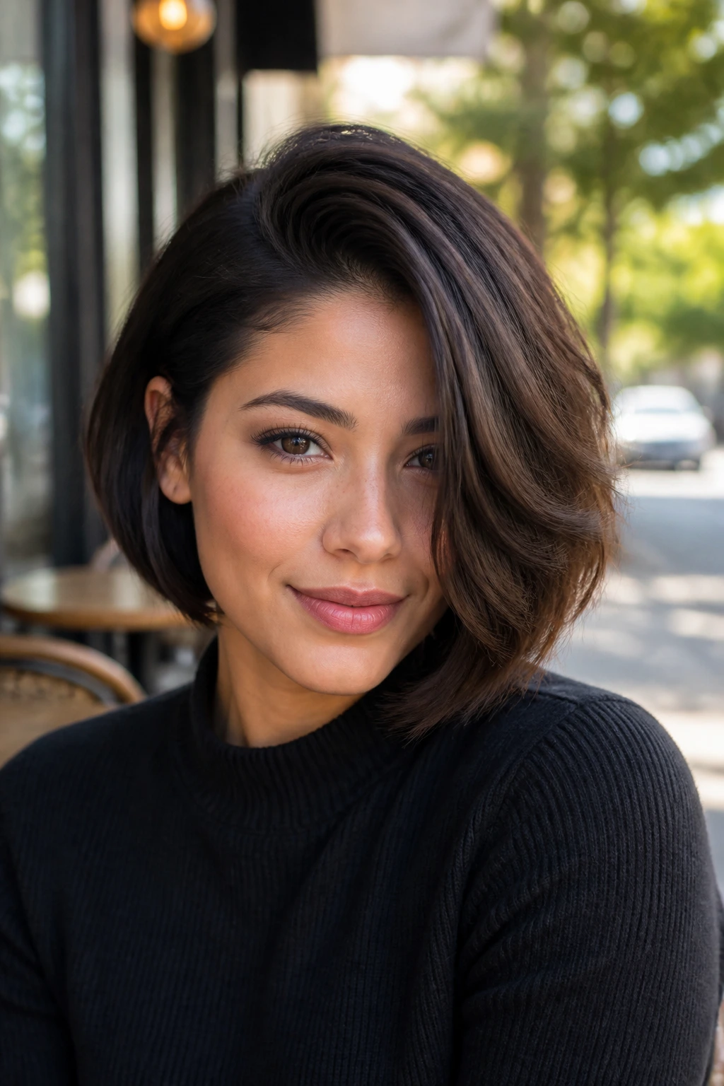 Portrait of a real woman with deep side-part bob and lifted volume