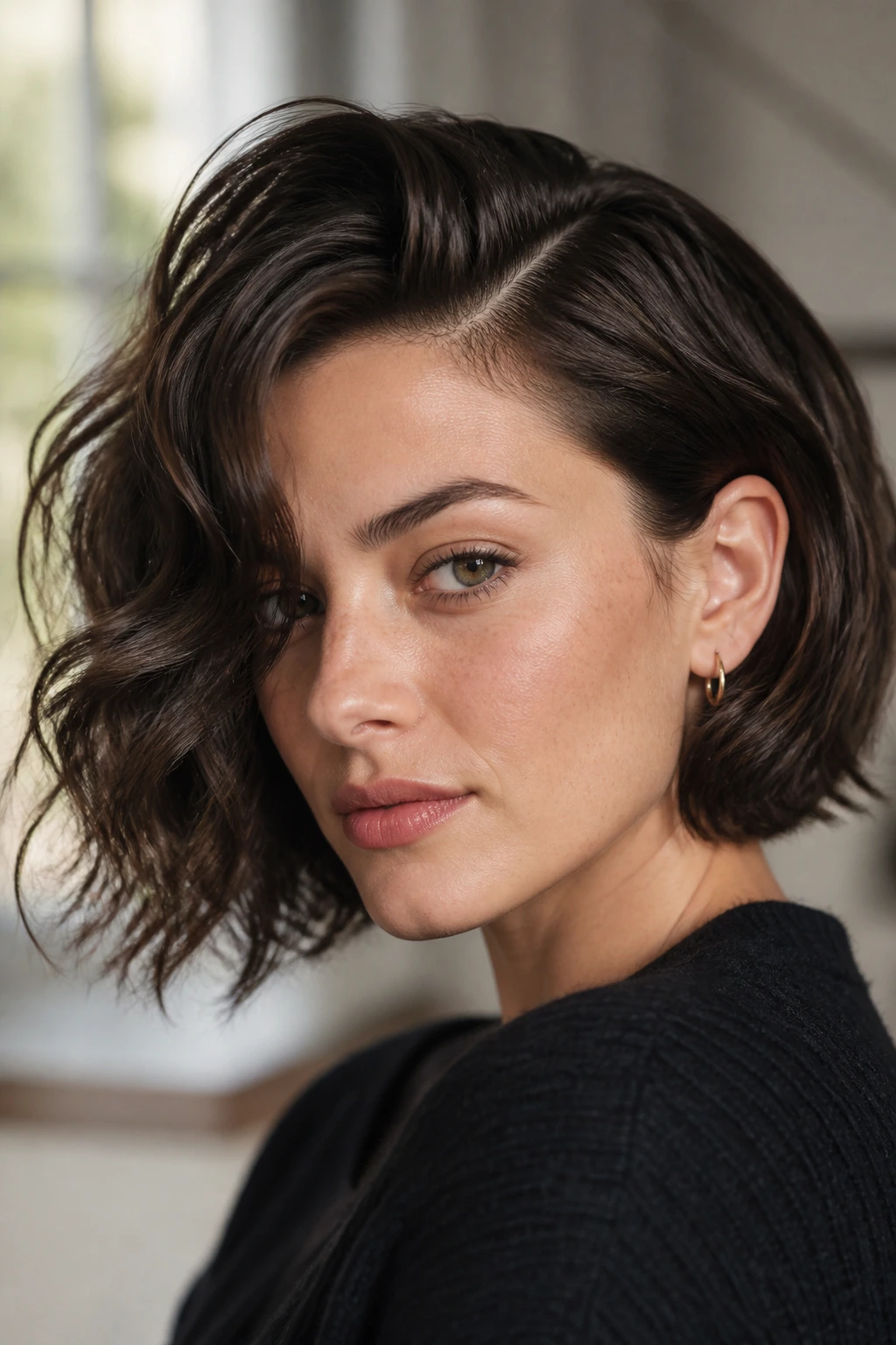 Close-up of deep side-part wave bob on a real woman with root lift and cheekbone sweep