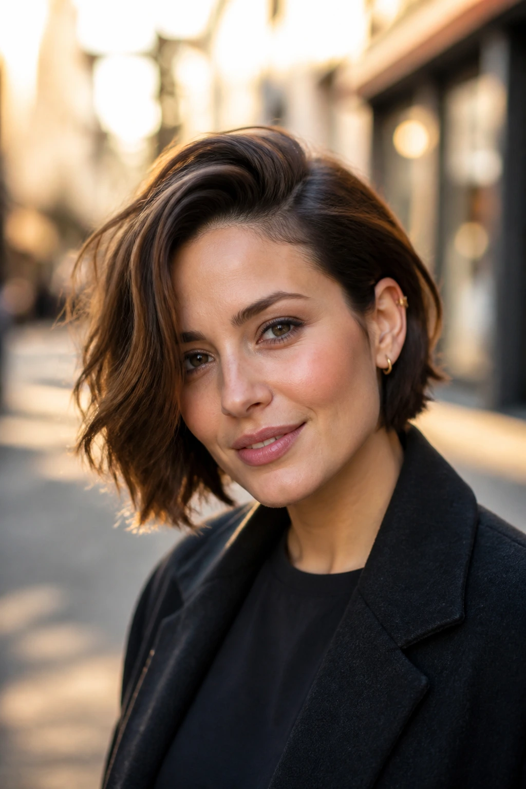 Portrait of real woman with deep side-part bob in golden hour light