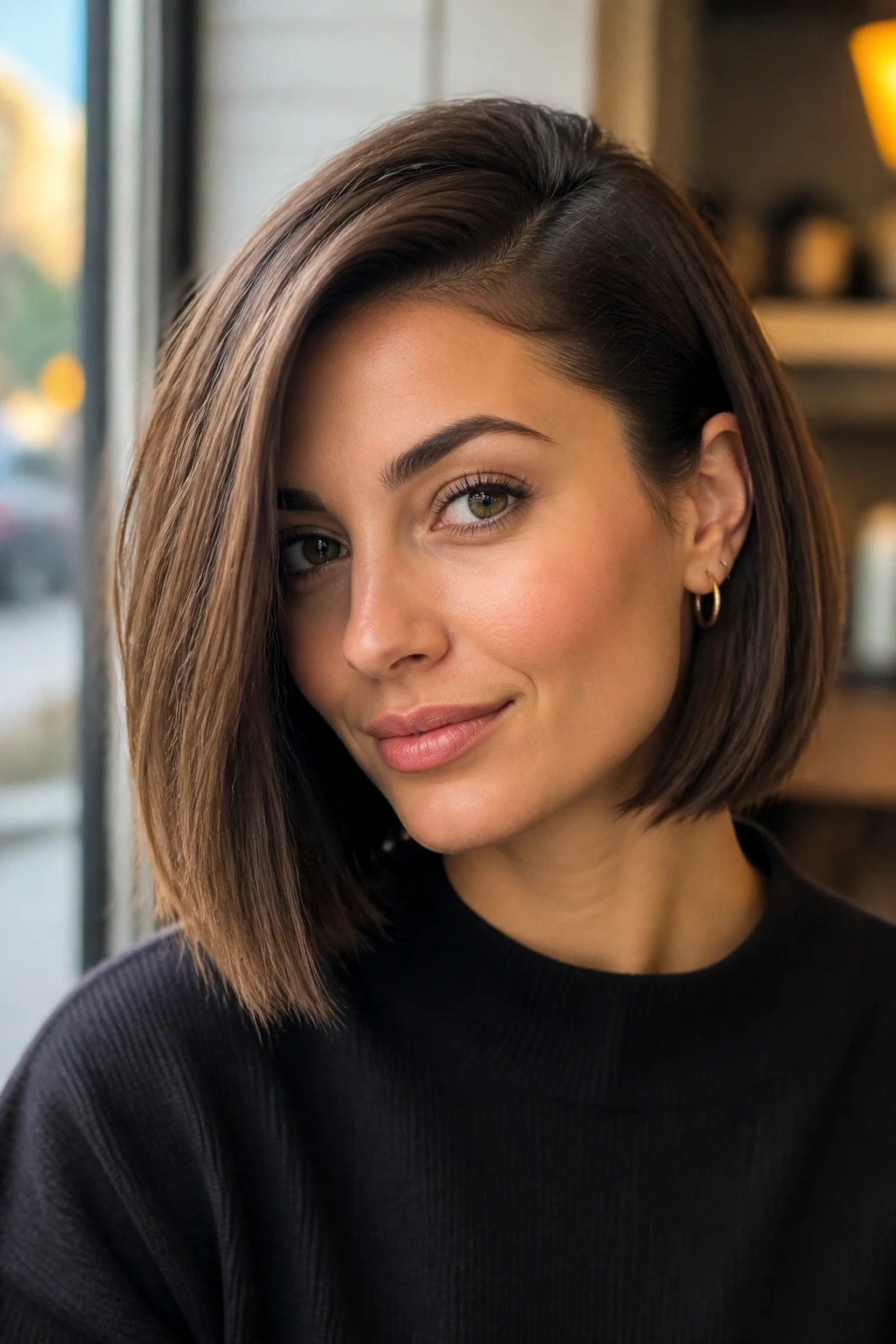 Deep side-part blunt bob on a real person