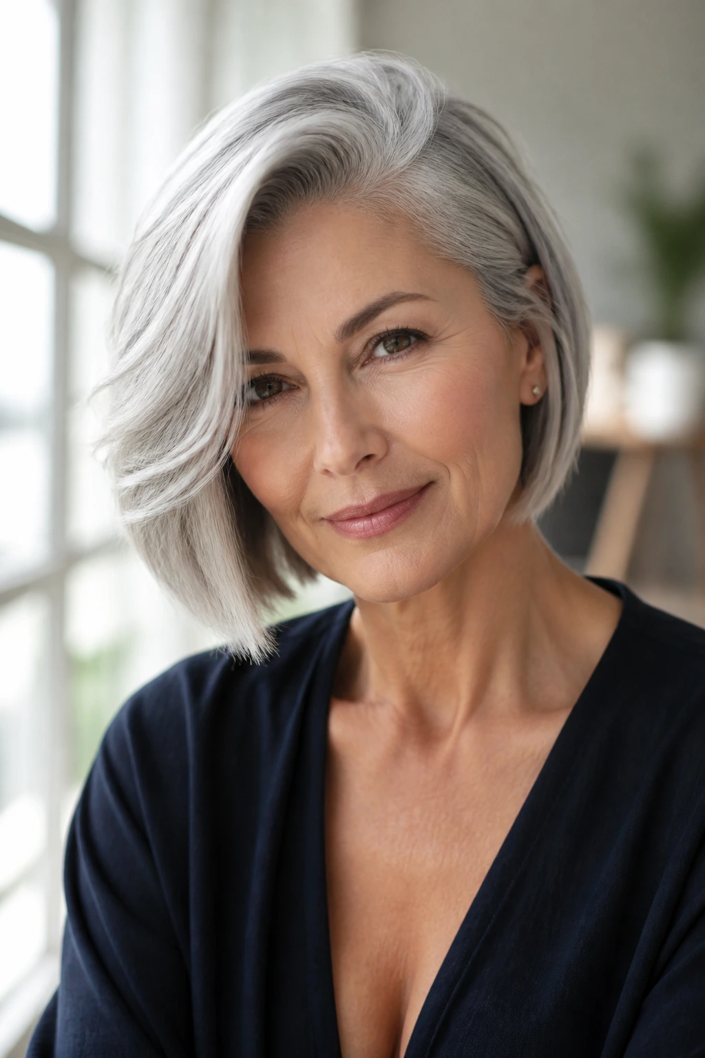 Portrait of a person with a deep side-part bob in silver hair