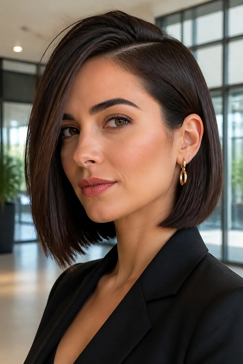 Real woman with a deep side-part power bob in office lighting