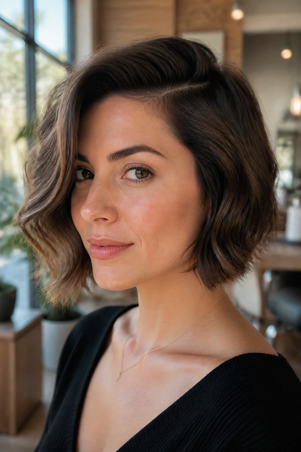 Close-up of a real person with deep side-part bob and soft volume in sunlit salon