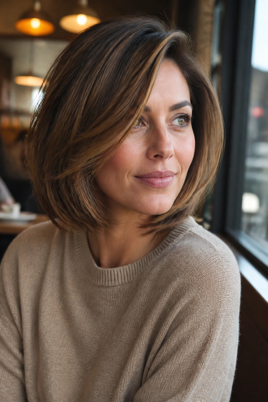 Close-up portrait of a real woman with deep side-part bob and sweeping layers