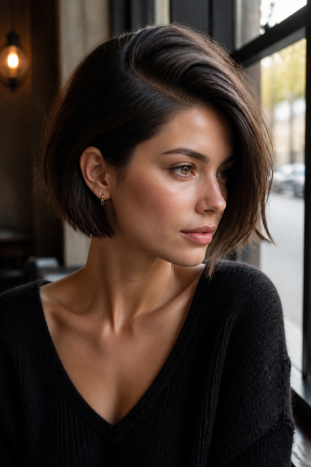Close-up of real woman with deep side-part bob.