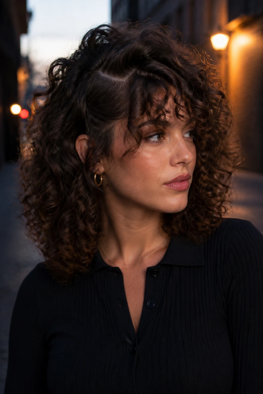 Close-up of a person with deep side-part volume and bottleneck bangs in an urban dusk setting