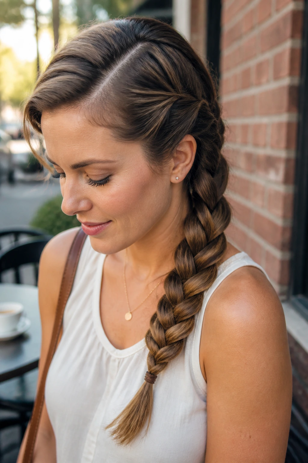 Close-up portrait of a real woman with a deep side-part French braid over the shoulder