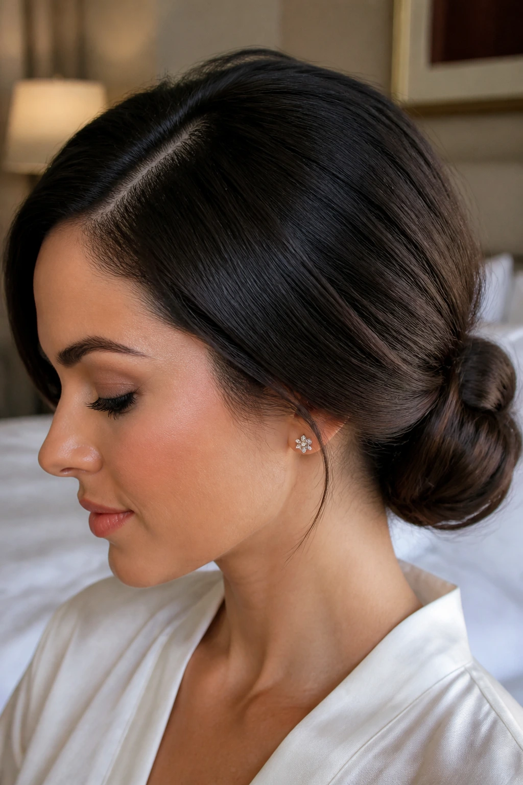 Close-up portrait of a real woman with a deep side-part and low bun at the nape