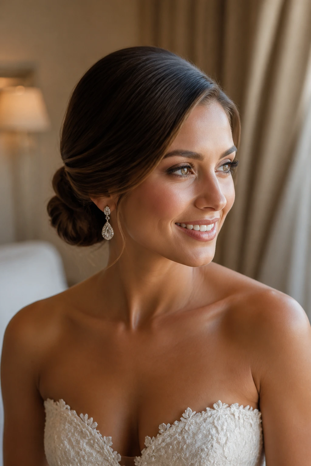Close-up of a real bride with a deep side-part and classic low bun.
