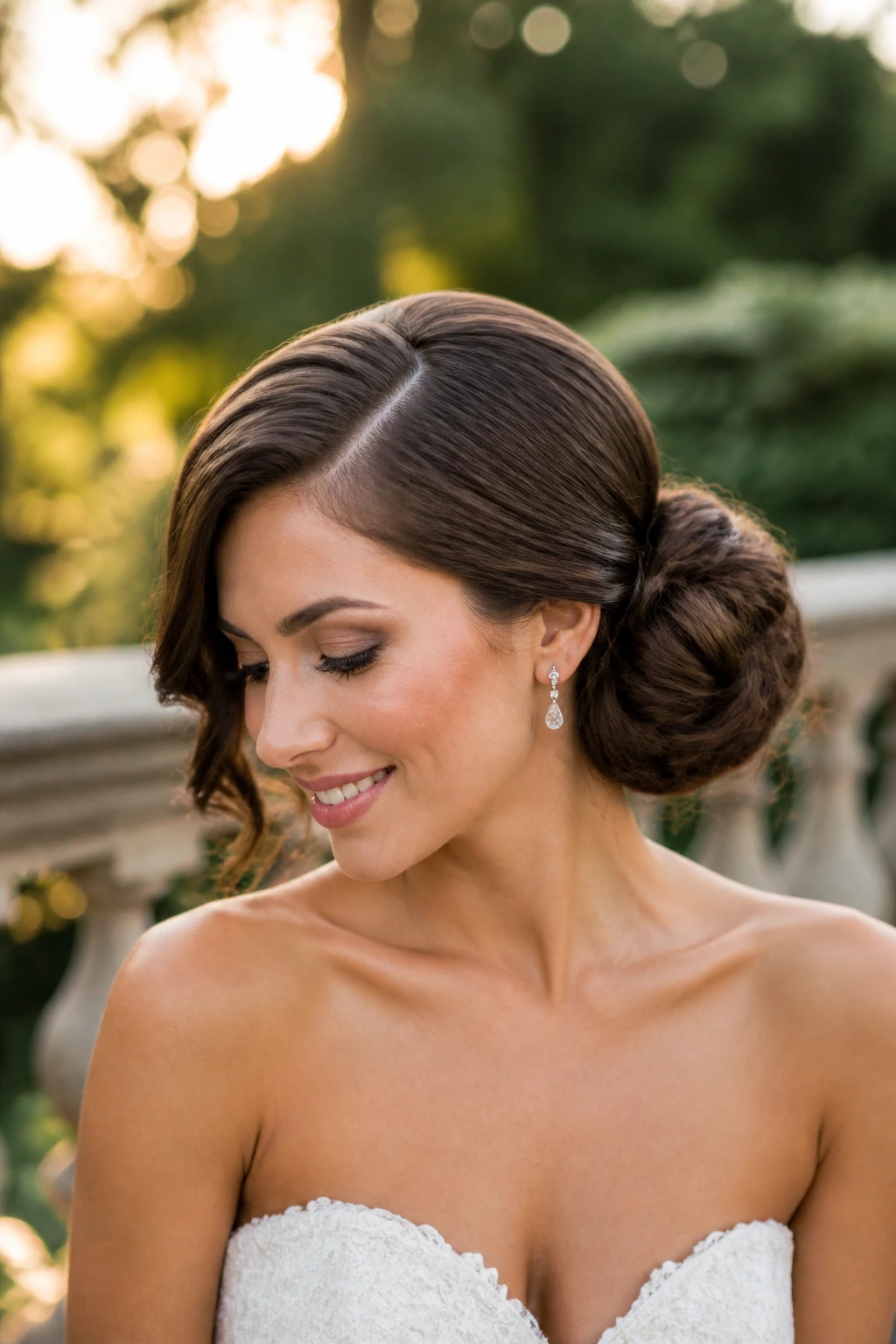 Close-up of a bride's side bun with deep side part