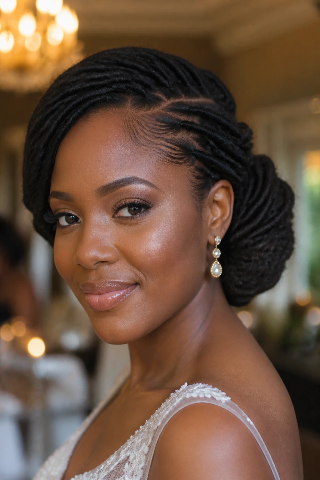 Bride with deep side part and soft-volume bun