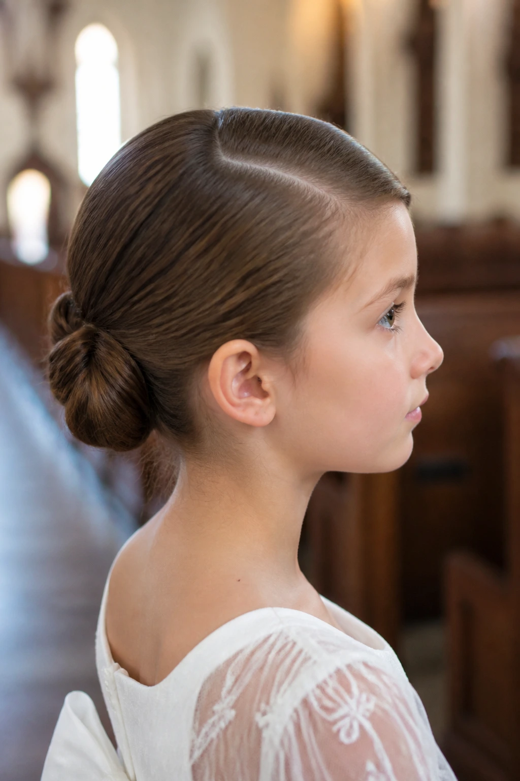 Side-profile of real child with deep side-part low bun