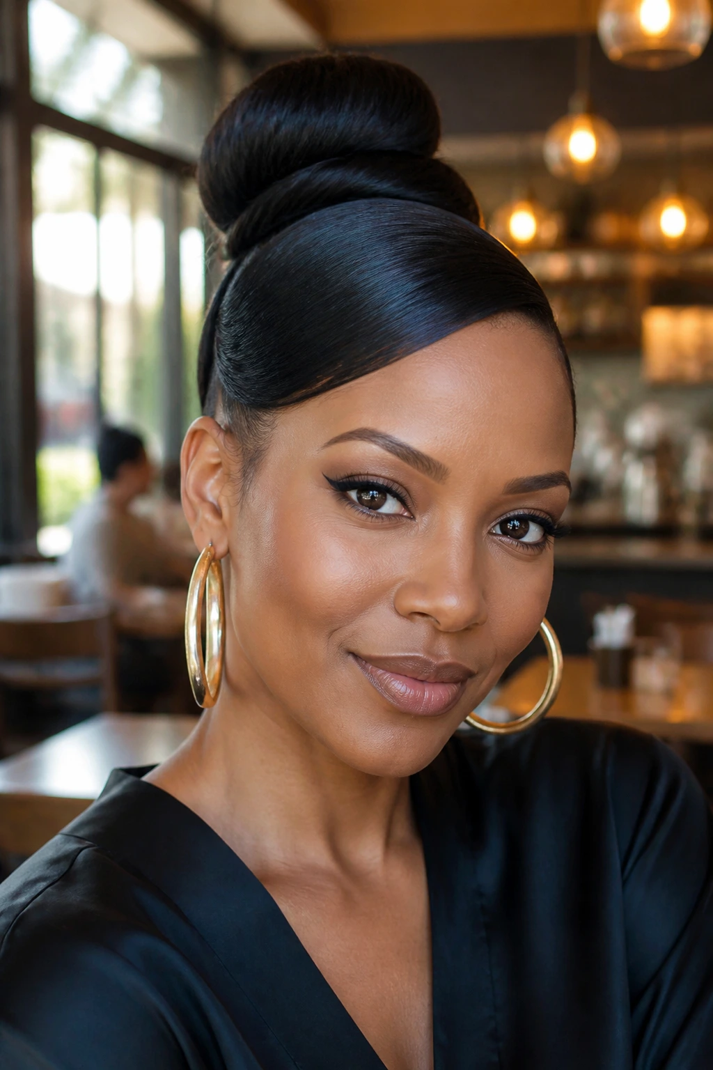 Portrait of a woman with a deep side-part and snatched high bun