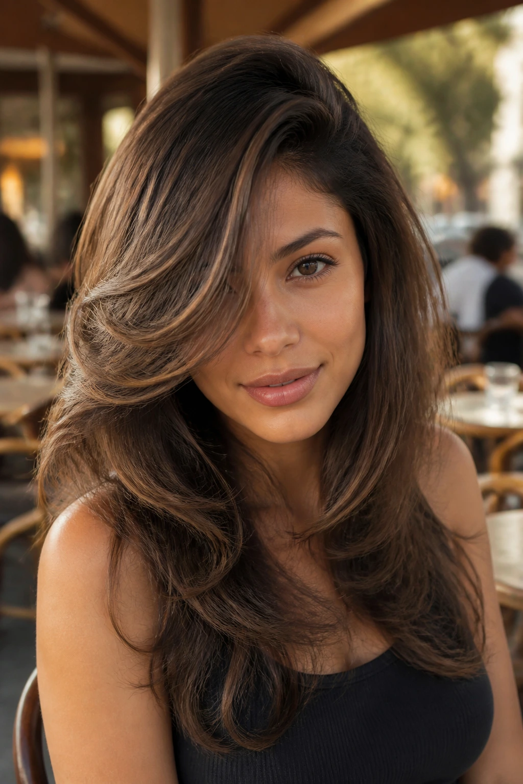 Close-up of a real woman with a deep side-part butterfly haircut.