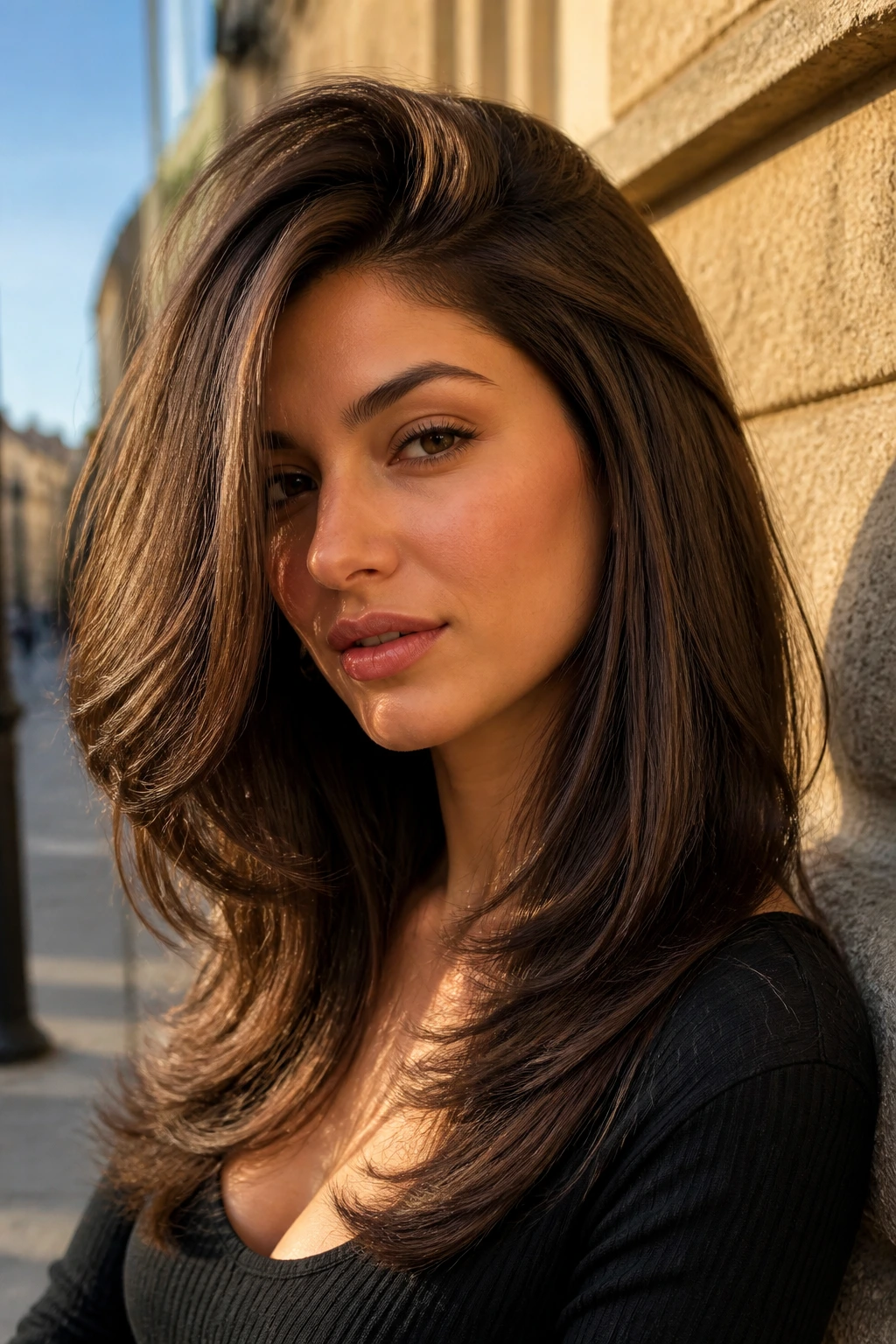 Close-up of a real woman with a deep side part butterfly cut