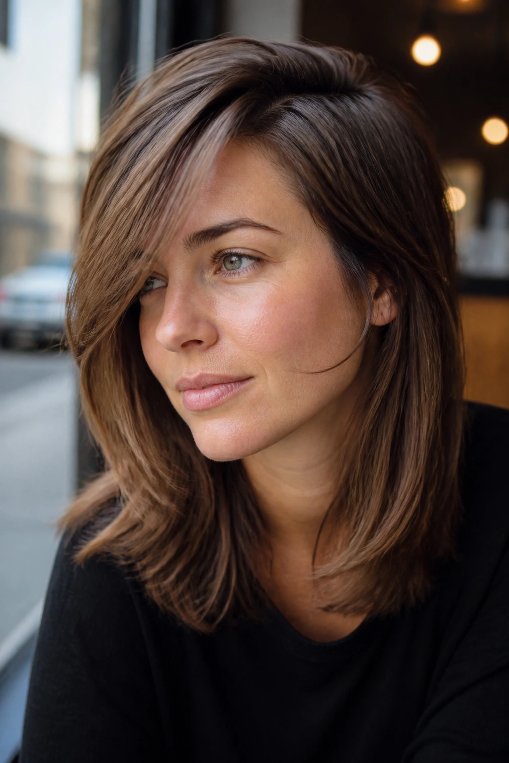 Portrait of a woman with a deep side part and cheekbone-brushing layers.