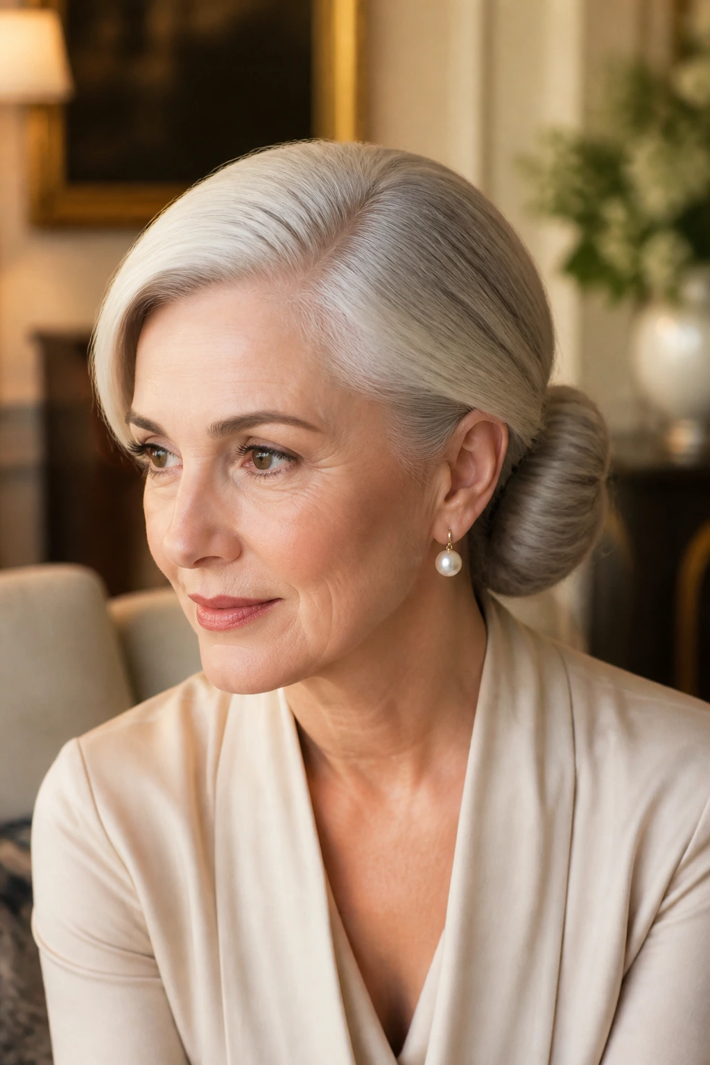 Close-up of a real woman with a deep side-part chignon at the nape.
