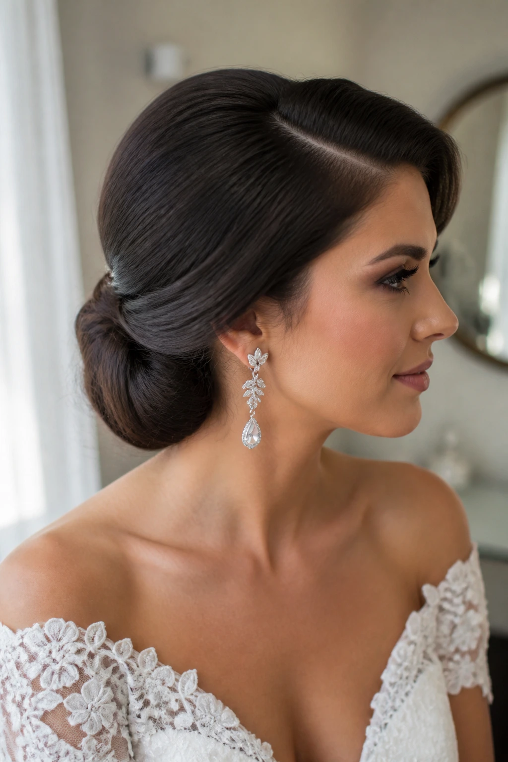 Profile view of real bride with deep side-part chignon and statement earrings