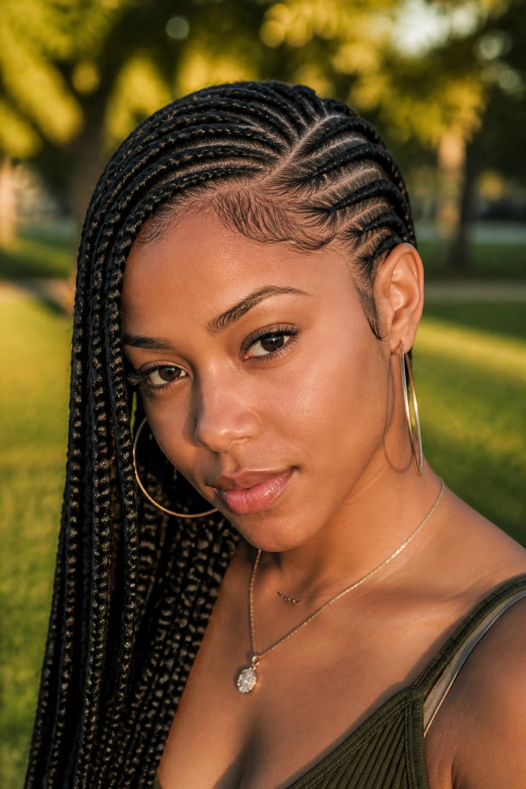 Close-up of a Black woman with deep side-part cornrows.