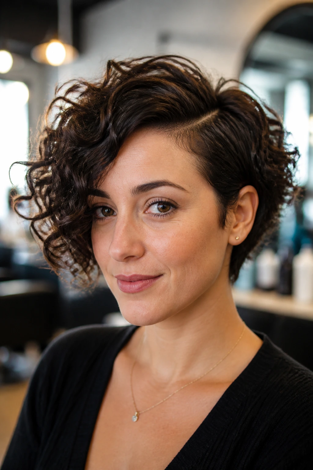 Close-up portrait of a person with a deep side-part crop on short curls in a salon