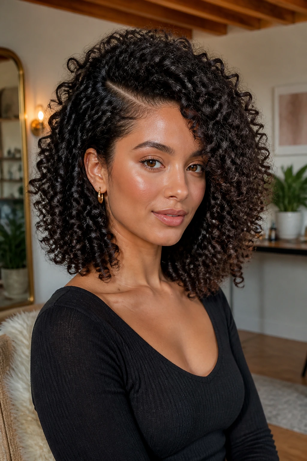 Real person with deep side part and voluminous crown 3b curls