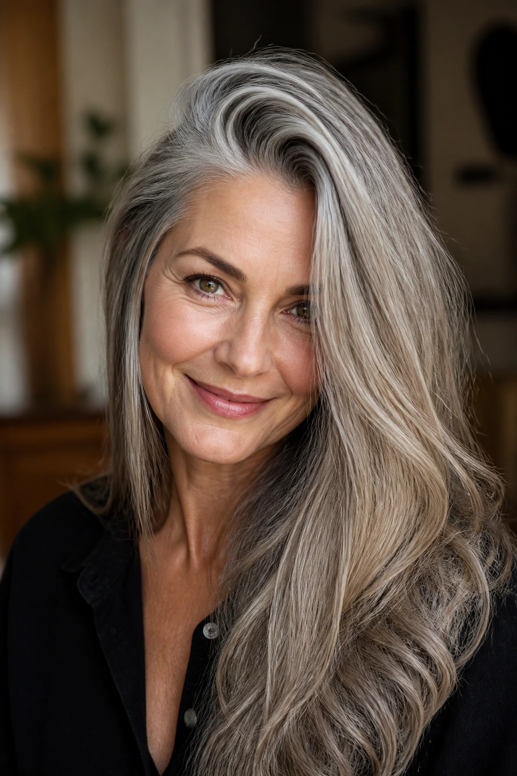 Portrait of a woman with a deep side part and crown lift in gray hair