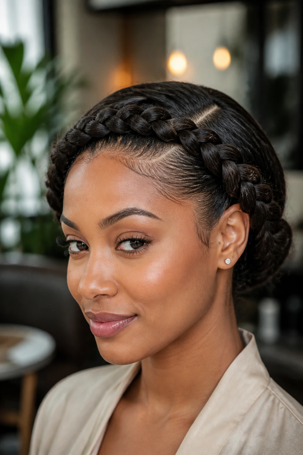 Close-up of a real woman with a deep side-part crown braid framing the face