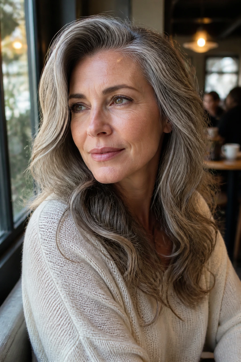 Portrait of a real woman with a deep side part and crown lift in long waves.