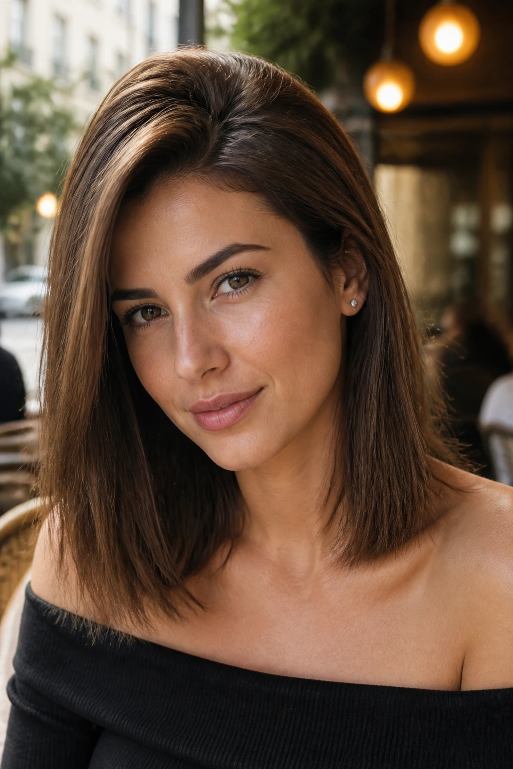 Real woman with a deep side part and crown lift in natural light