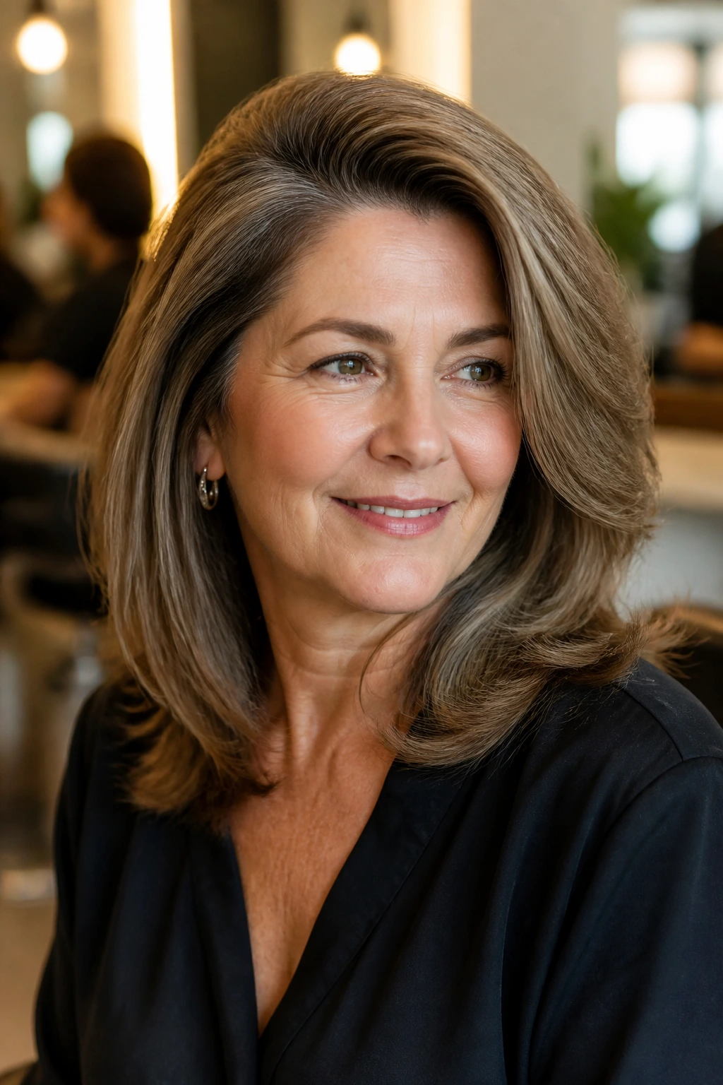Close-up portrait of a real woman with a deep side-part and crown lift in warm salon light