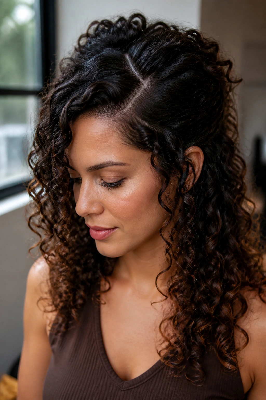 Close-up of a real person with a deep side-part half-up hairstyle