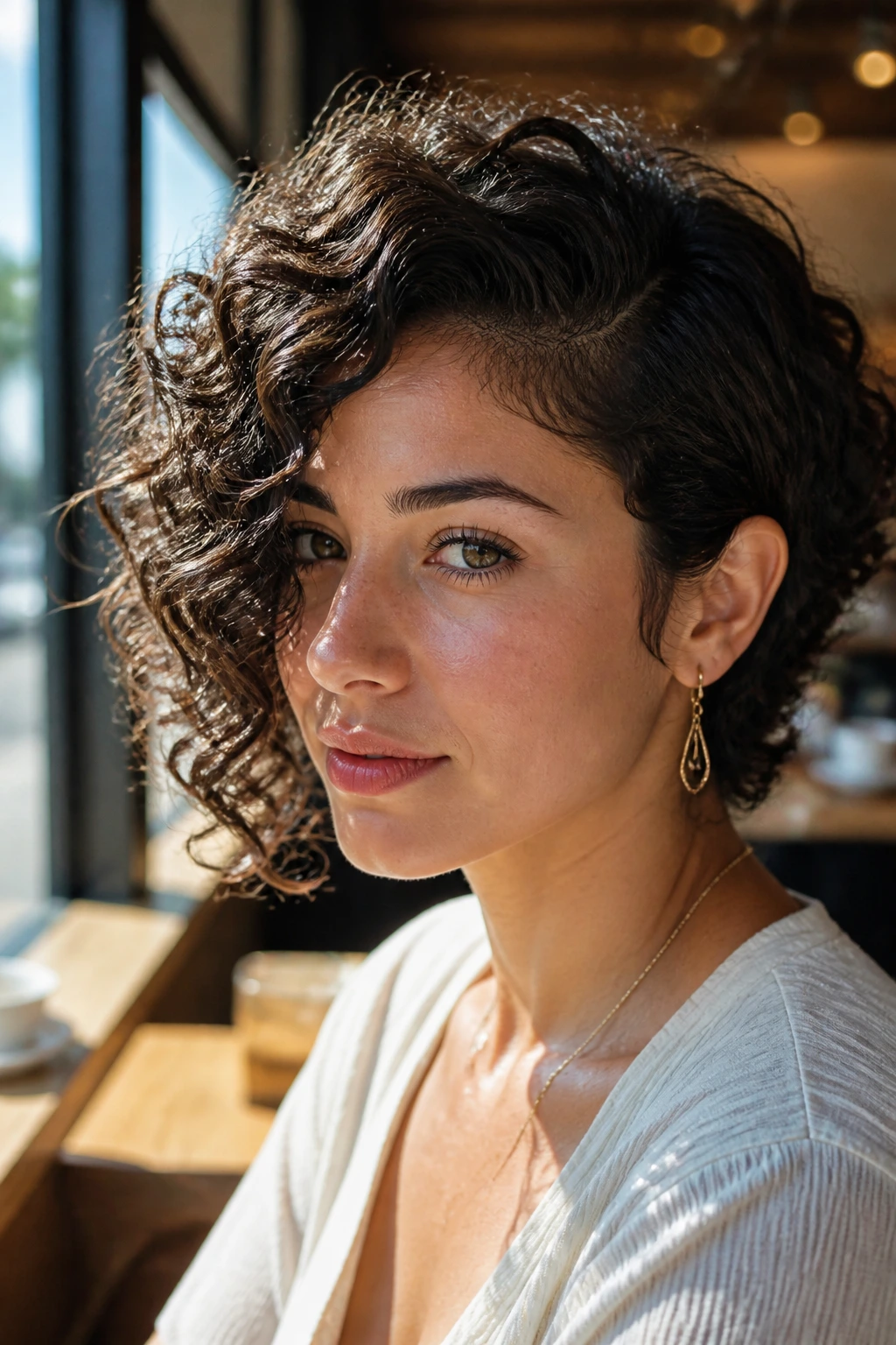 Portrait of a real woman with a deep side-swept curl across her face.