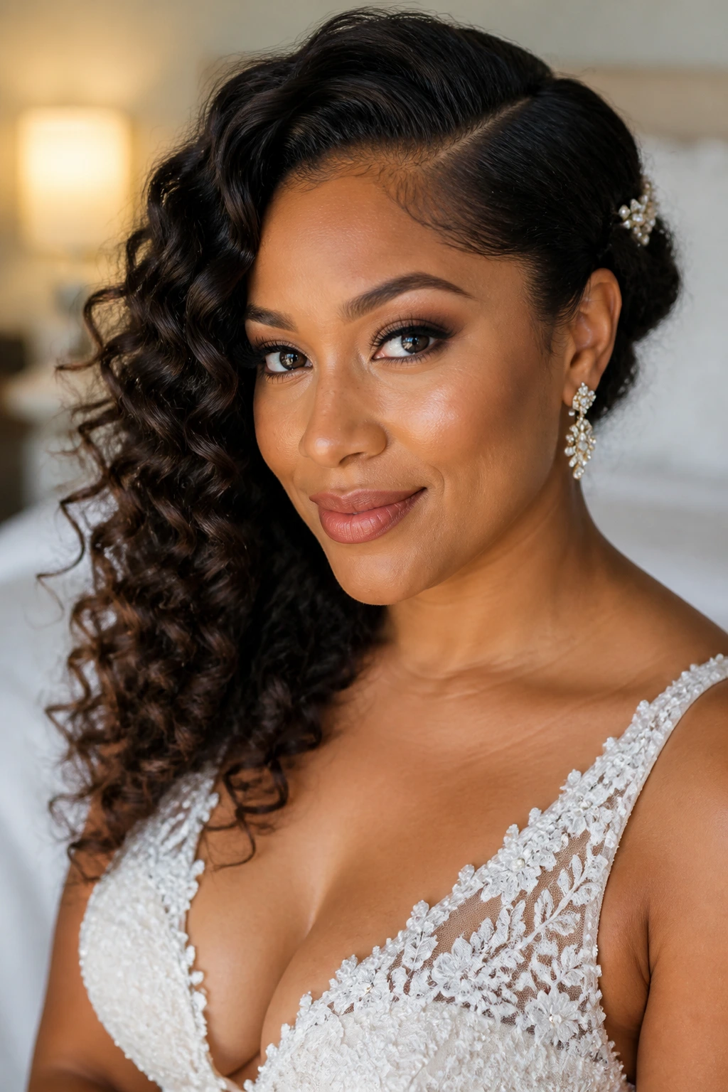 Close-up of a real bride with deep side-part curls and a tuck behind the ear