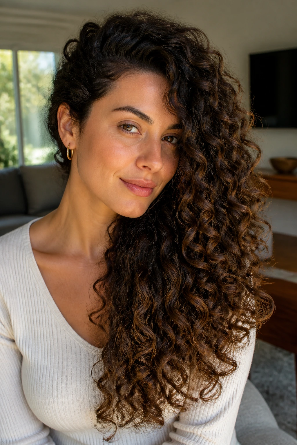 Real person with deep side-part and cascading curls along the part