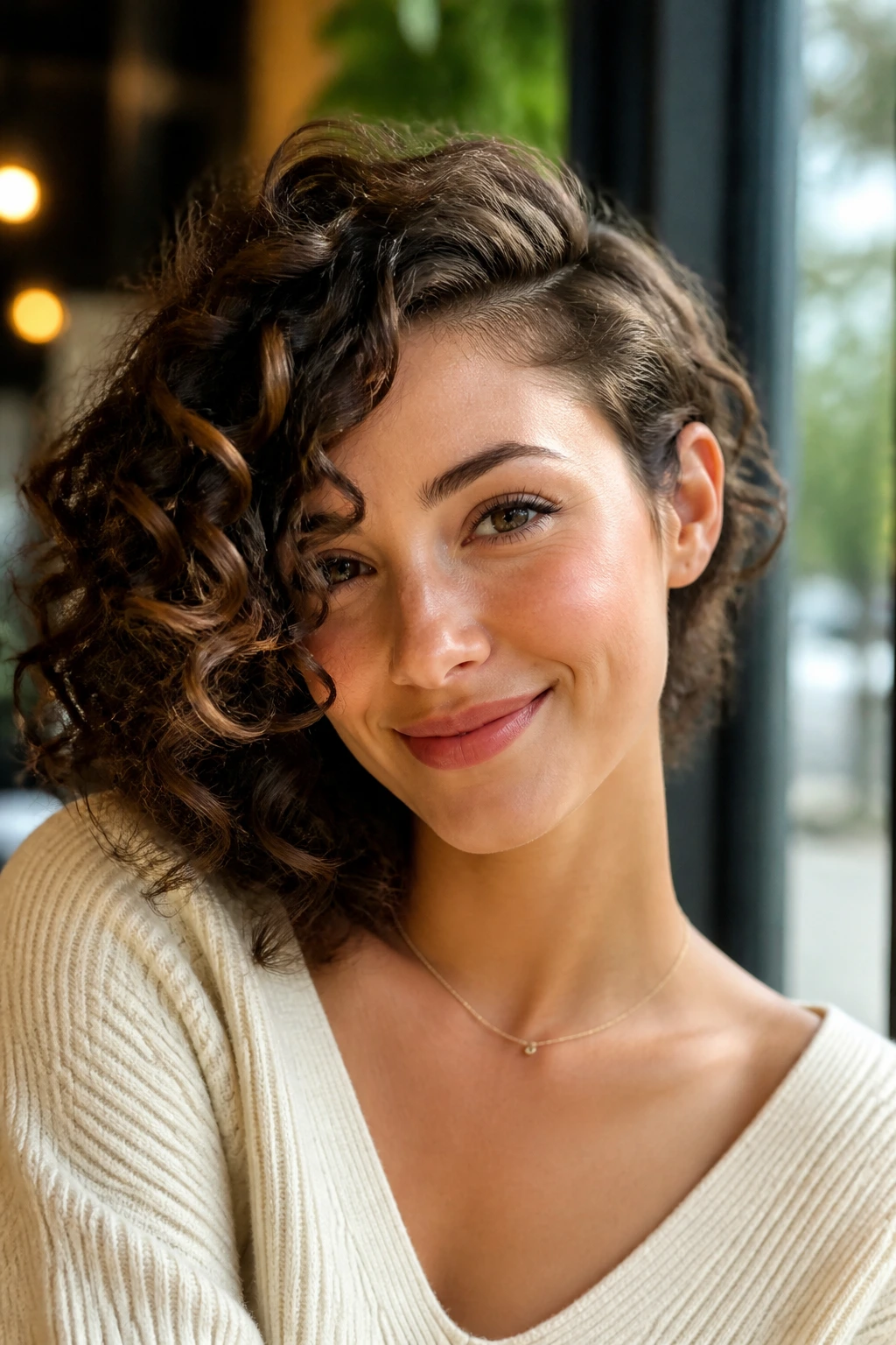 Portrait of a real woman with a deep side-part curly sweep and one side softly sweeping across the forehead.