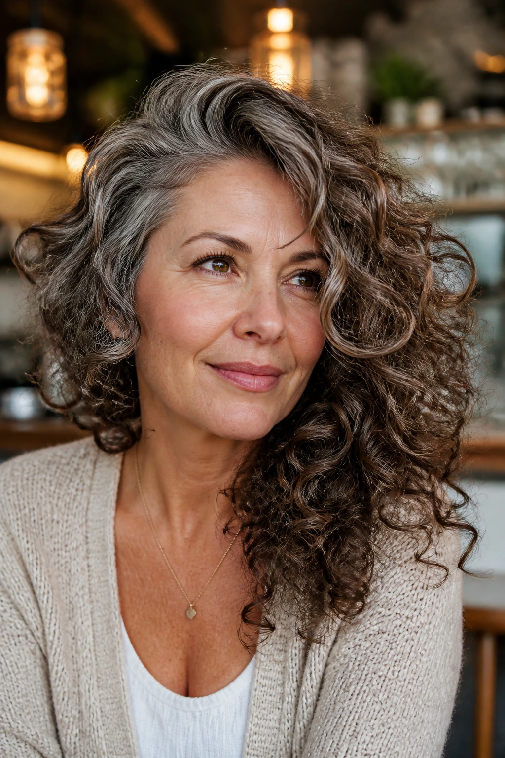 Close-up portrait showing deep side part with swept curls.