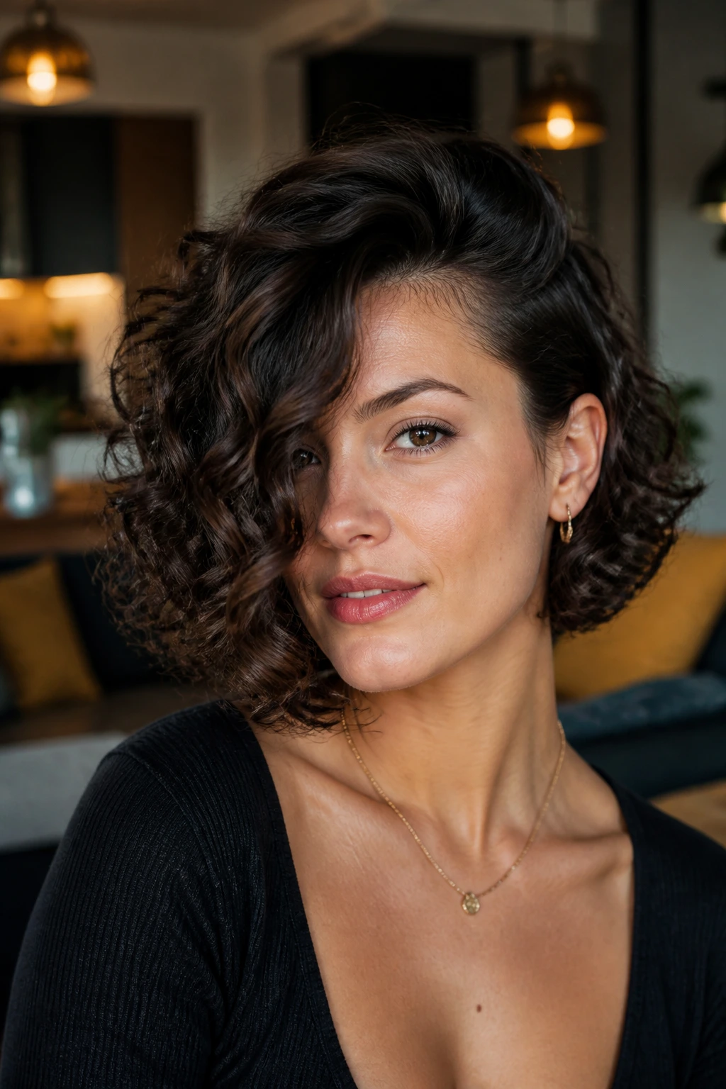 Portrait of a woman with a deep side-part curly bob in warm ambient living room light