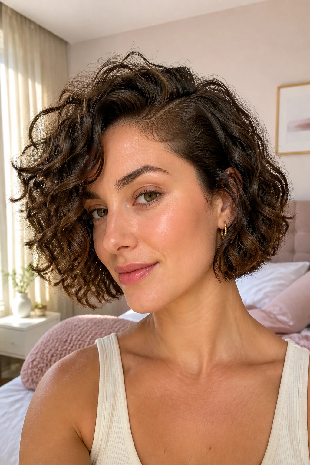 Close-up of deep side-part curly bob on a real woman