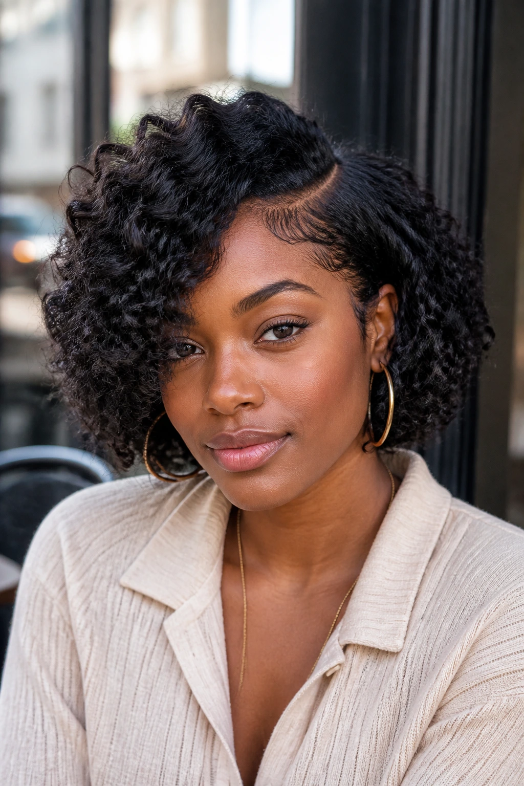 Close-up of a real woman with a deep side-part curly bob.