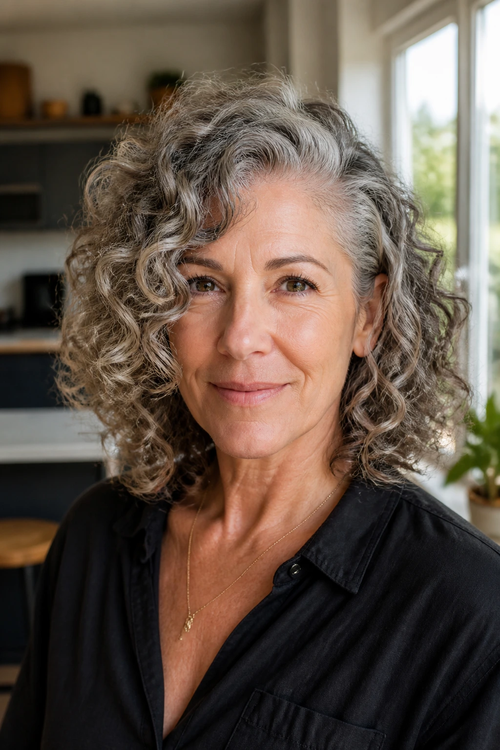 Portrait of a real woman with a deep side-part curly cut.