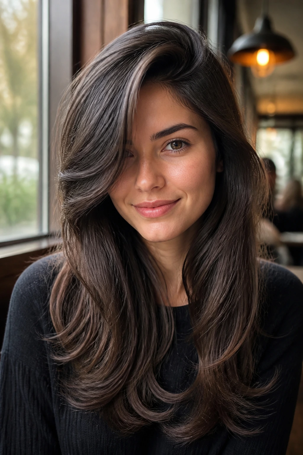 Close-up of a real woman with a deep side-part curtain bangs and long layers.