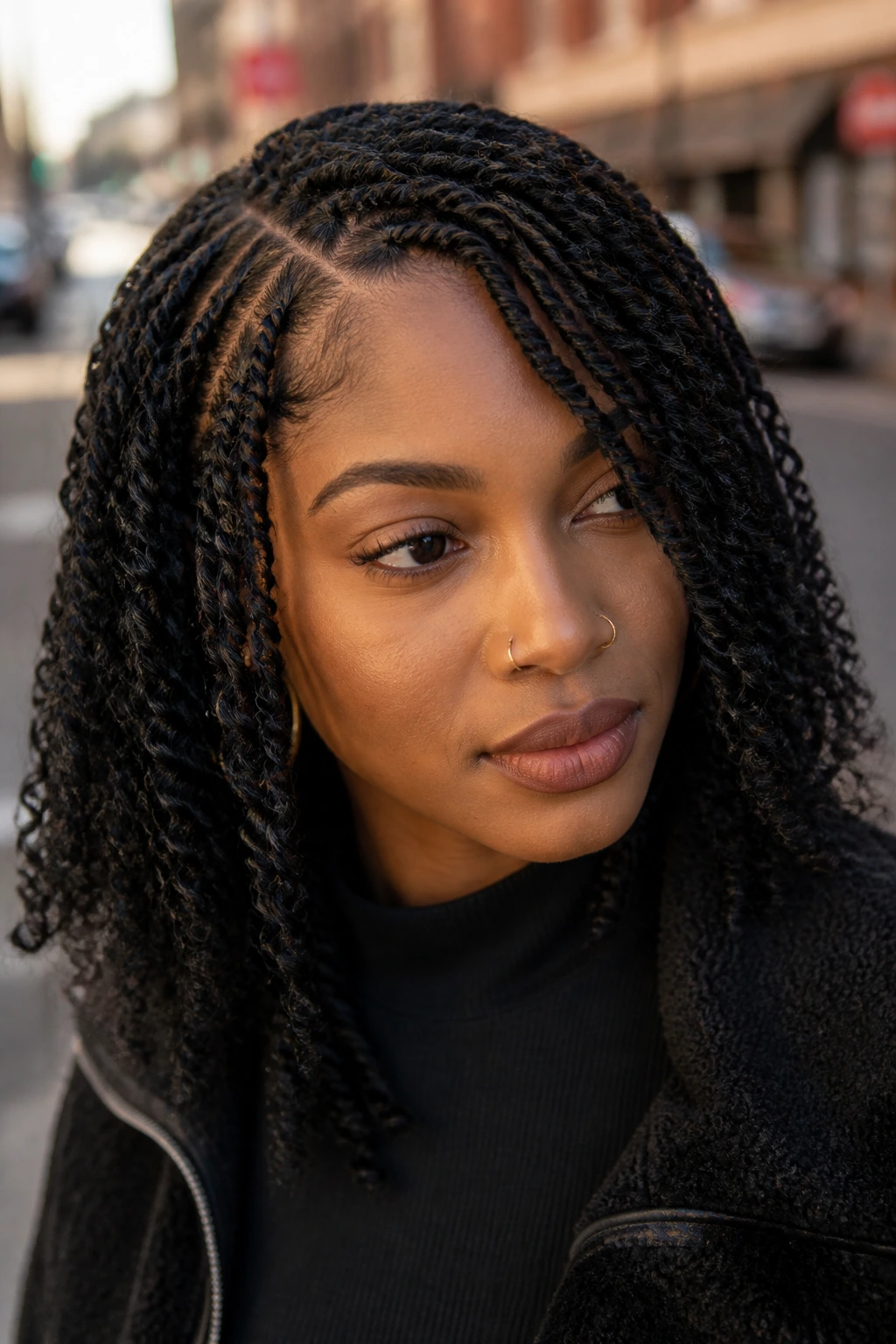 Close-up of a real woman with deep side-part curtain spring twists in an urban setting