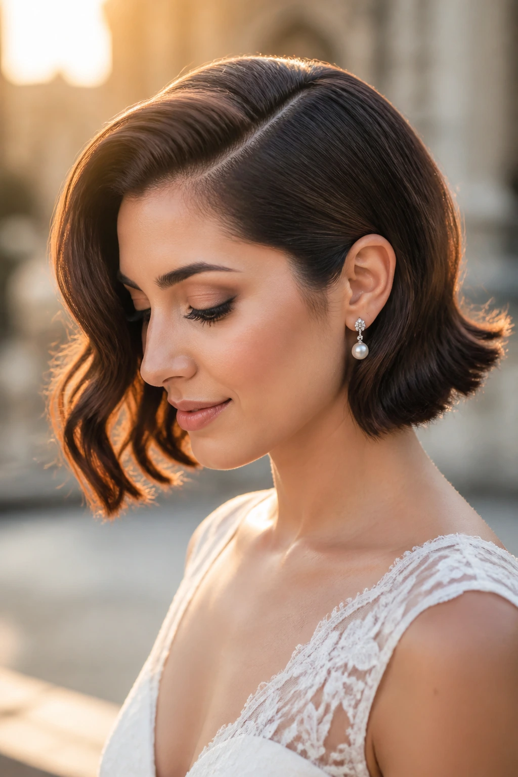 Bride with deep side-part drama bob hairstyle