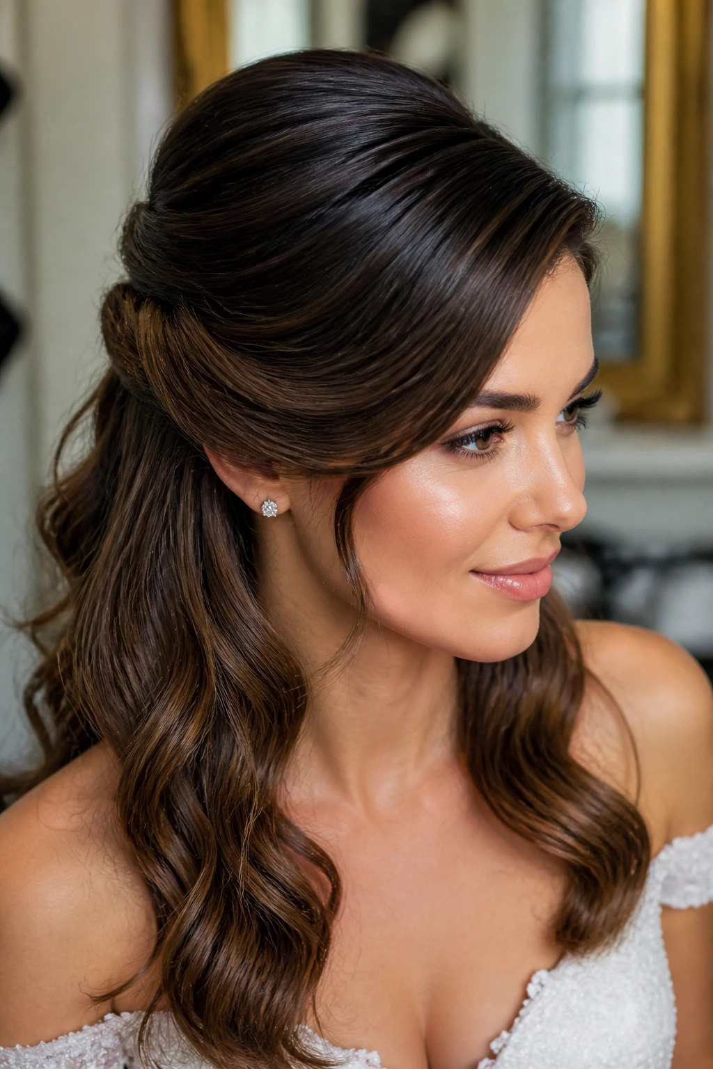 Bride deep side part with draped sides hairstyle