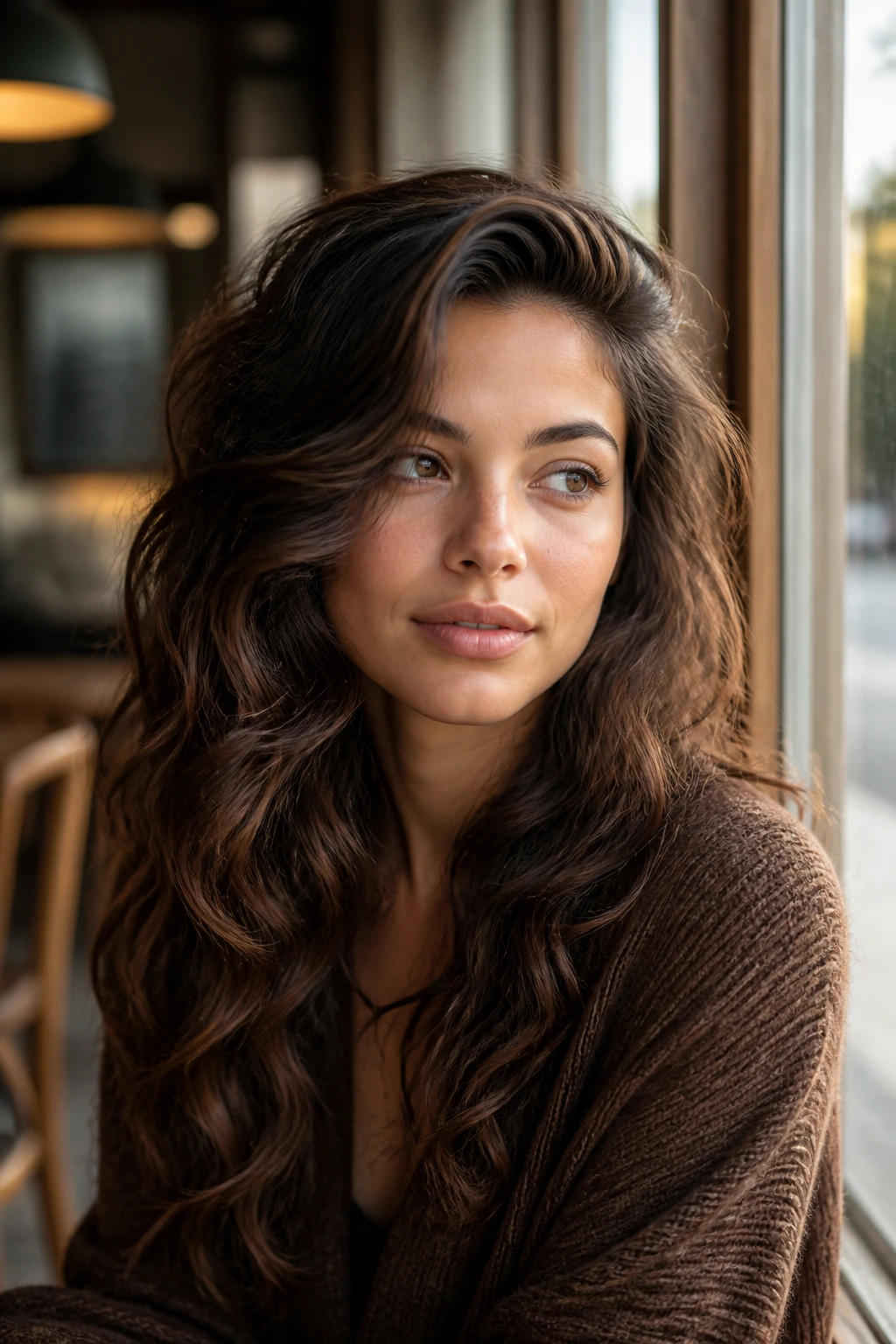 Real person portrait with deep side-part on thick waves in cafe window light