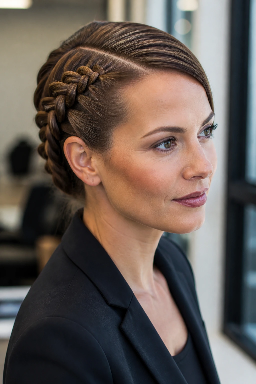 Close-up of deep side-part Dutch braid with sleek front on a real person in an office setting